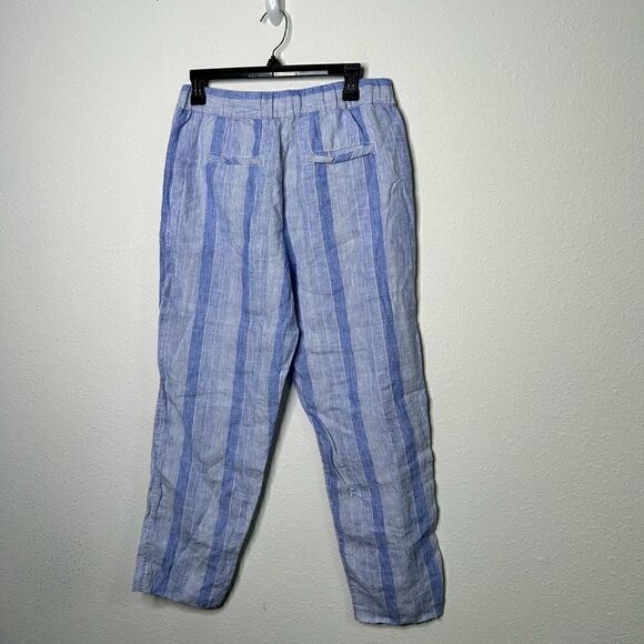 C&C California Women’s Blue Striped Linen Raw Hem Pull On Pants Size M Pockets - Picture 7 of 8